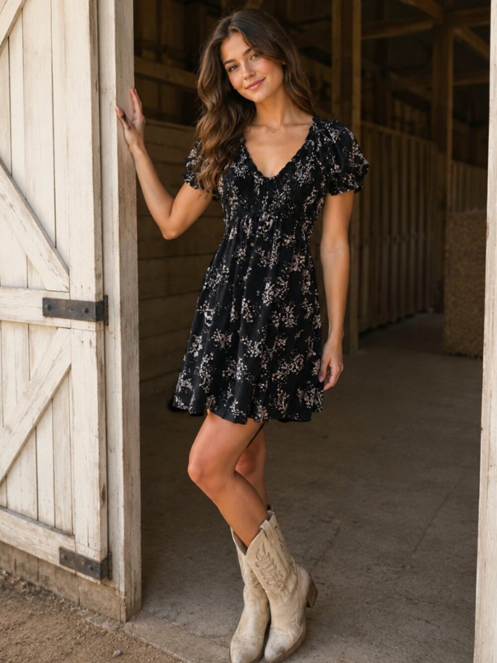 Black Floral Smocked Waist S Dress Prairie Cottage Ditsy Western Boho Short Mini